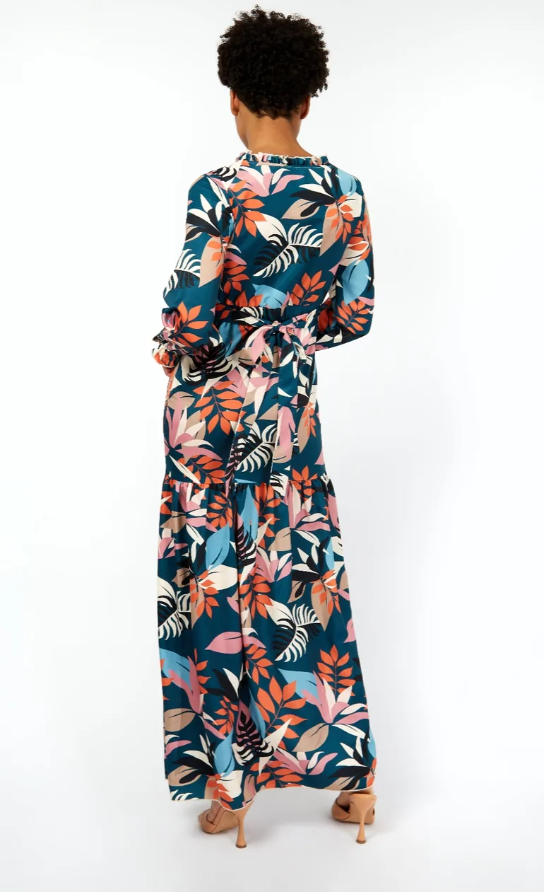 Barcelona Leaf Print Satin Frill Maxi Dress - 1