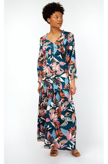 Barcelona Leaf Print Satin Frill Maxi Dress