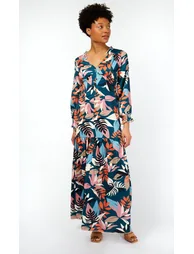 Barcelona Leaf Print Satin Frill Maxi Dress