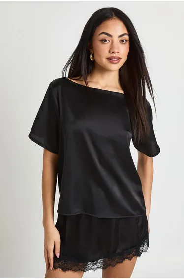 Satin Oversized T-Shirt And Lace Mini Skirt Co-ord - black