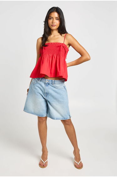 Tie Strap Shirred Peplum Top - red