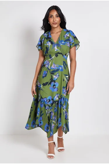Petite Floral Button Through Pleated Hem Midi Dress