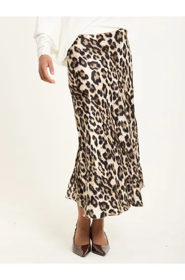 Leopard Print Satin Midi Skirt