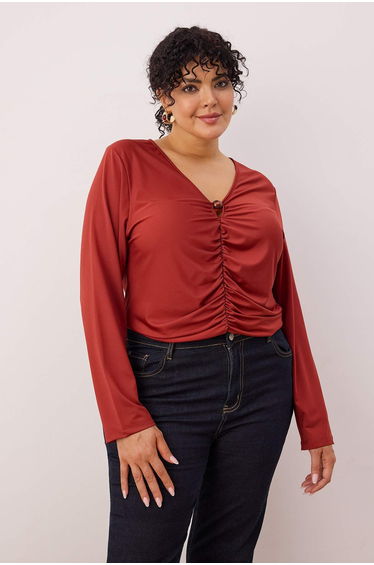 Tile v-neck ruched knit plus size blouse