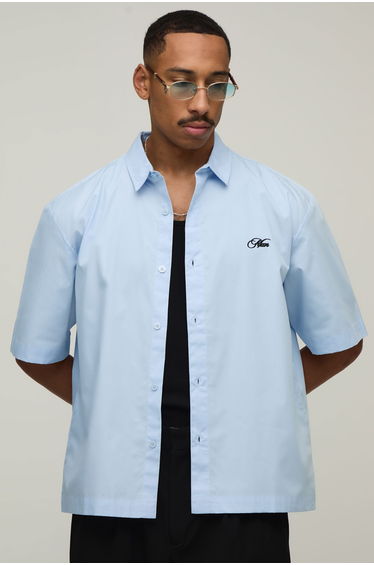 Oversized Half Sleeve Back Embroidered Shirt - light blue