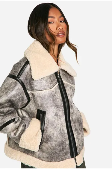 Vintage Look Teddy Trim Aviator Jacket - grey