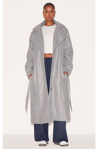 Grey Oversized Wool Look Trench Coat