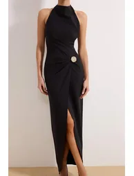 Black Straight Accessory Detailed Woven Finike Maxi Evening Dress & Homecoming Dress - 2