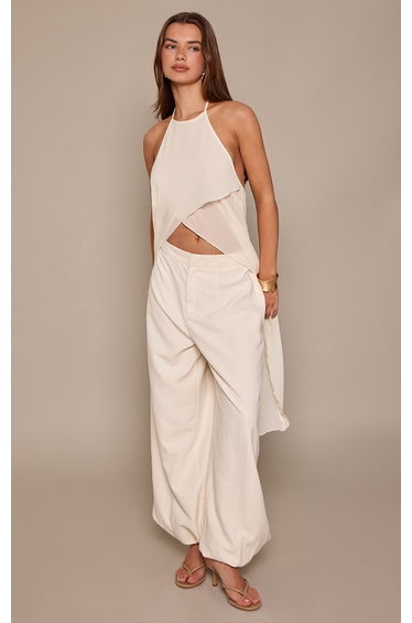 Cream Chiffon Split Hem Flowy Long Top
