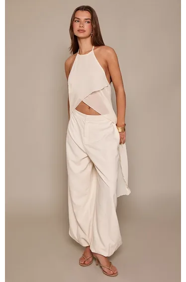 Cream Chiffon Split Hem Flowy Long Top