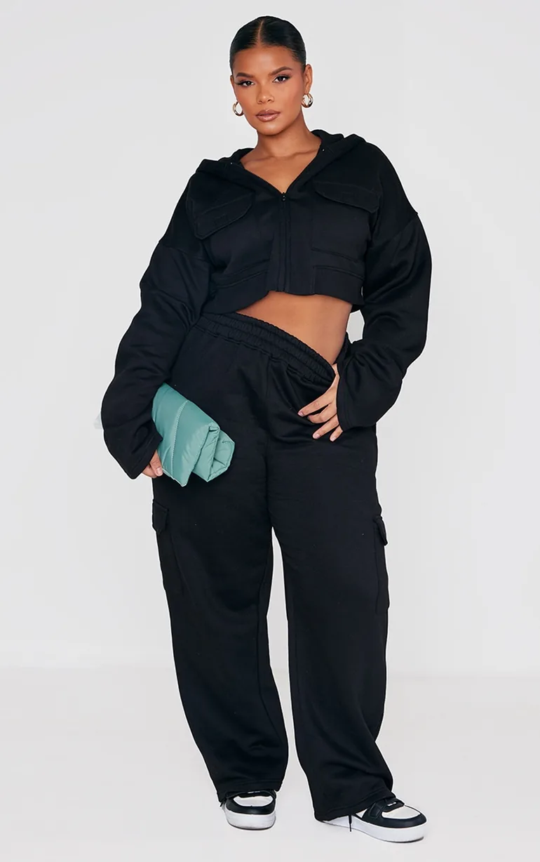 Plus Black Cargo Pocket Wide Leg Jogger