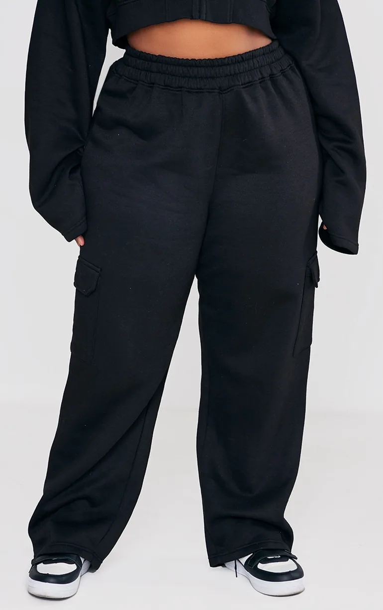 Plus Black Cargo Pocket Wide Leg Jogger - 1