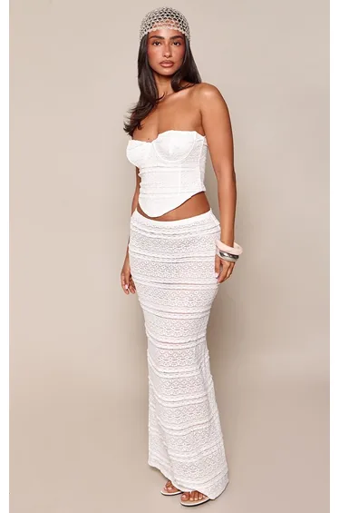 Petite White Frill Textured Column Maxi Skirt Co-ord