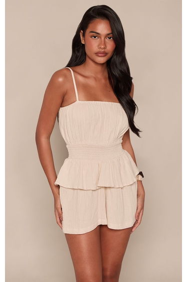 Lemon Spaghetti Strap Textured Peplum Playsuit