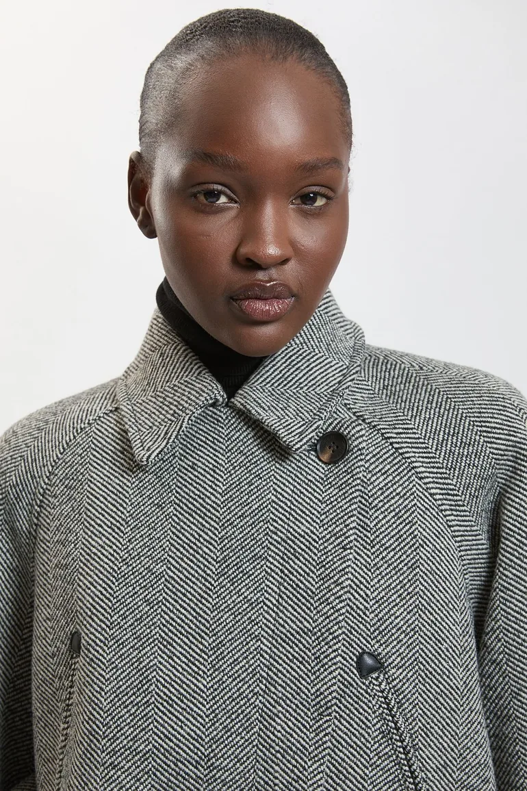 Wool Herringbone Short Trench Coat - 2