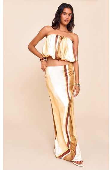 Multi Stripe Print Satin Mid Rise Maxi Skirt