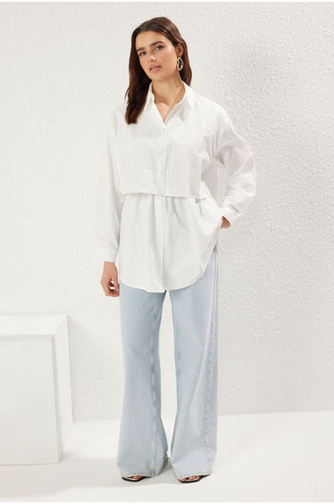 Ecru Fold Detailed Woven Hijab Shirt