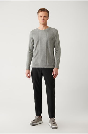 Men's Gray Crew Neck Cotton Textured Knitwear Sweater