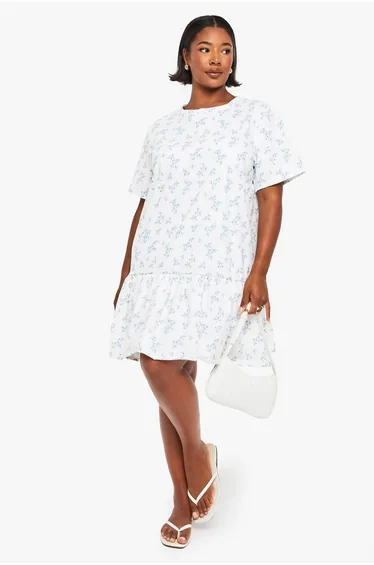 plus ditsy drop hem smock dress - pastel blue