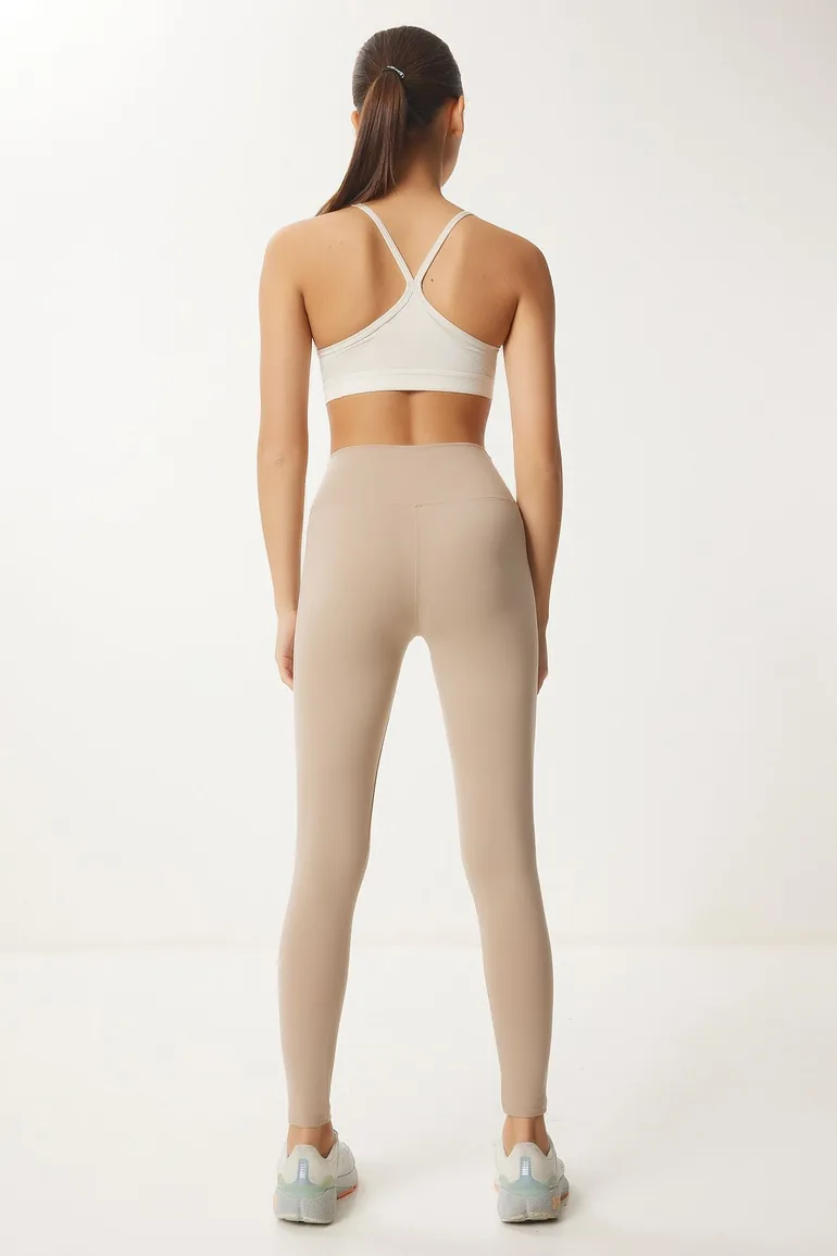 Women's Cream High Waist Knitted Sports Leggings - 6