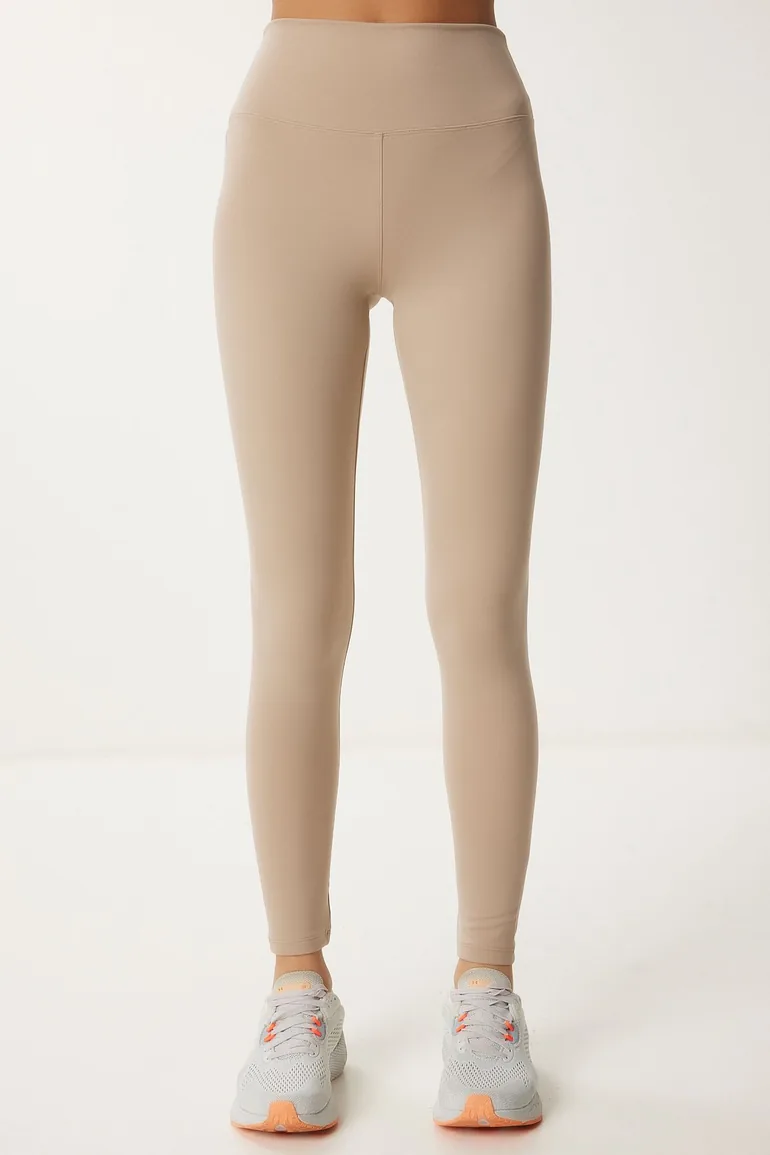 Women's Cream High Waist Knitted Sports Leggings - 3