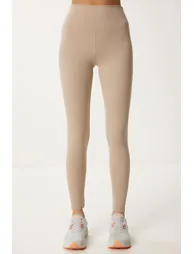 Women's Cream High Waist Knitted Sports Leggings - 3