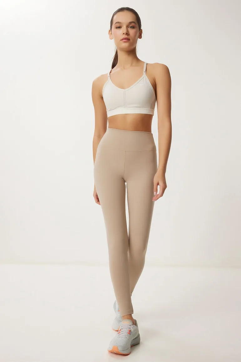 Women's Cream High Waist Knitted Sports Leggings - 2