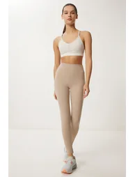 Women's Cream High Waist Knitted Sports Leggings - 2