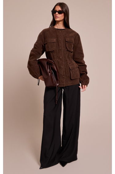 Chocolate Structured Faux Suede Pocket Detail Adjustable Waist Jacket