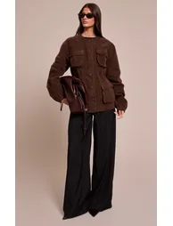 Chocolate Structured Faux Suede Pocket Detail Adjustable Waist Jacket