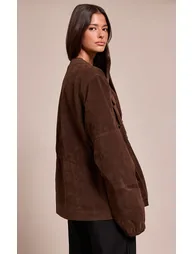 Chocolate Structured Faux Suede Pocket Detail Adjustable Waist Jacket - 1