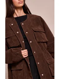 Chocolate Structured Faux Suede Pocket Detail Adjustable Waist Jacket - 3