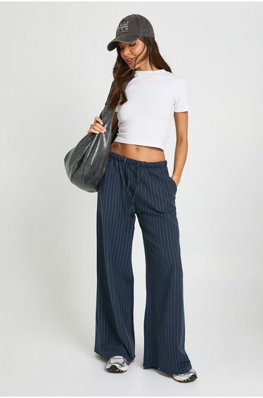 Petite Drawstring Pinstripe Wide Leg Trousers - navy