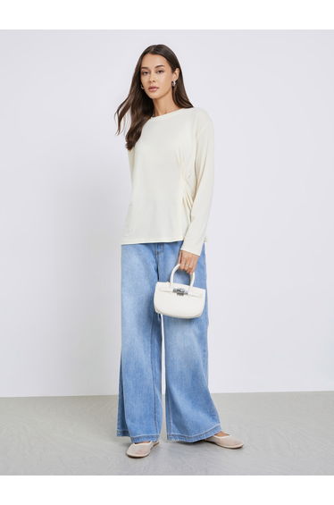 Solid Pleated Long Sleeve Knit Top