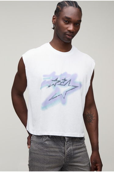 Tall Oversized Boxy Star Graffiti Print Tank - white