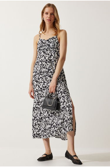 Happiness İStanbul Black Floral A-Line Midaxi Slip Dress
