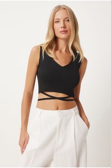 Women's Black Tie Detailed V Neck Ribbed Knitwear Blouse