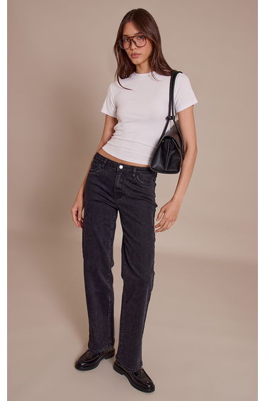 Washed Black Mid Waist Comfort Stretch Straight Leg Jeans