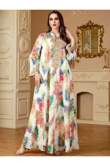 Women Leaf Print Embroidered Patch Jalabiya