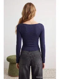 Navy Blue Polka Dot Fitted/Bodycon Boat Neck Lycra Combed Single Jersey Knitted Blouse - 3