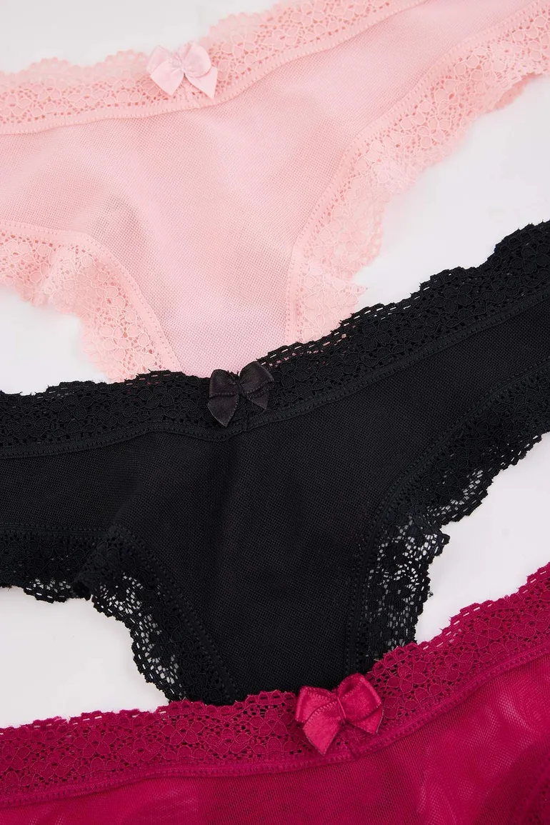 Black-Burgundy-Pink 3-Piece Tulle Plain Thong Panties - 2
