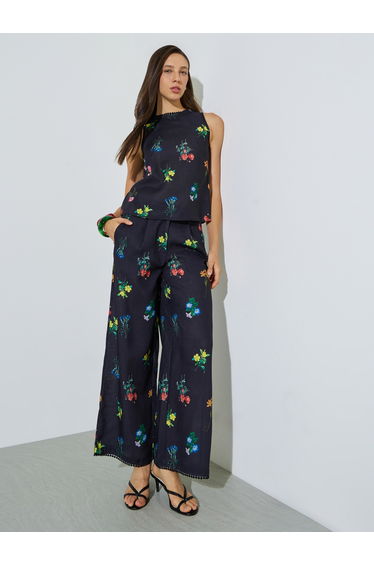 Black Floral Print Top and Wide Leg Pants Co-ord Set