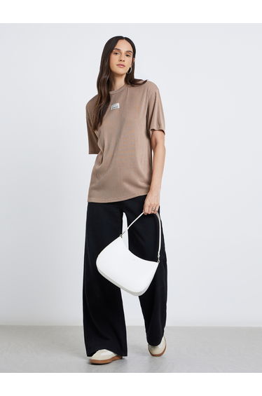 Women Brown Ribbed Oversized T-Shirt