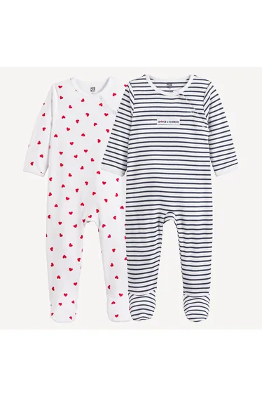 Pack of 2 Heart Print/Striped Cotton Sleepsuits