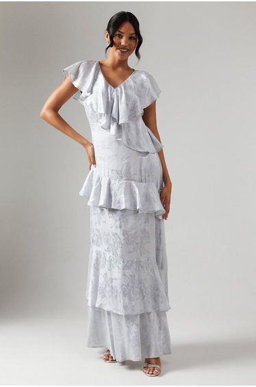 Satin Jacquard Ruffle Detail Dress