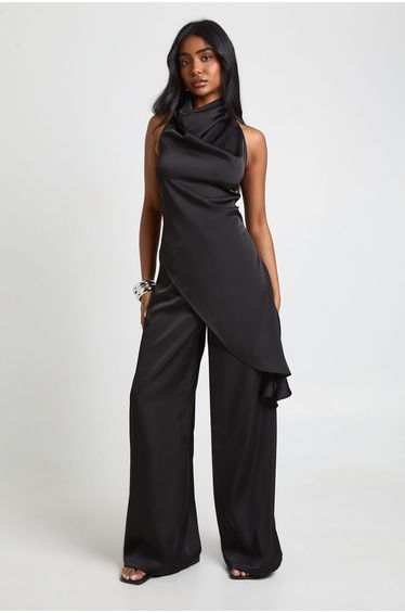 Satin Drawstring Waist Wide Leg Trousers - black