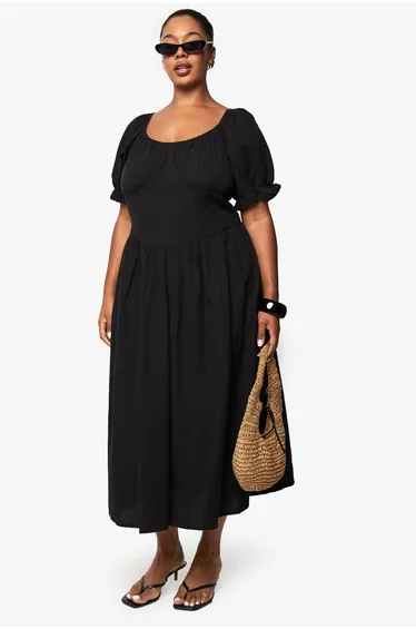 Plus Linen Look Puff Sleeve Midaxi Dress