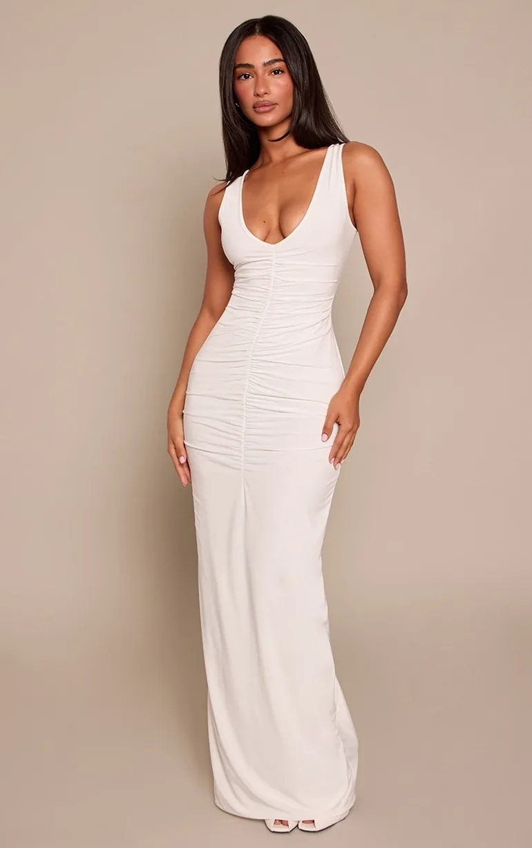 cream slinky dress ASOS DESIGN batwing slinky mini dress with draped hardware detail in cream