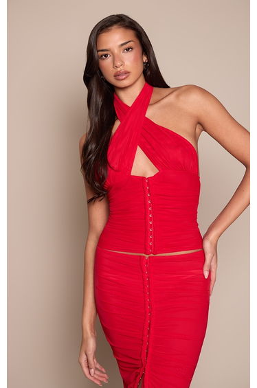 Red Mesh Cross Halter Neck Ruched Top