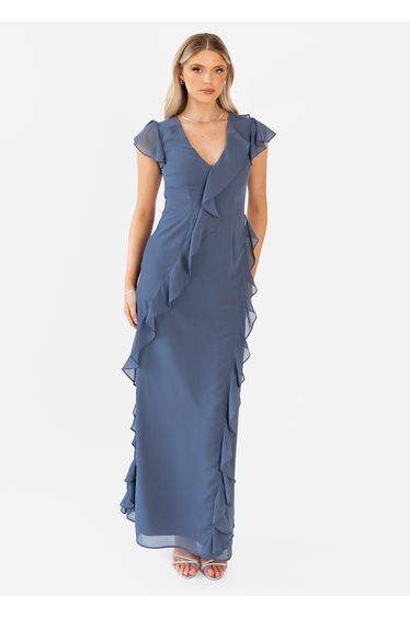 Anaya With Love Recycled Vintage Indigo Waterfall Ruffle Maxi Dress